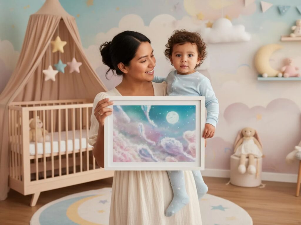 Mother holds a framed piece of art from the Snugawinks book series and shows it to her child in his nursery.